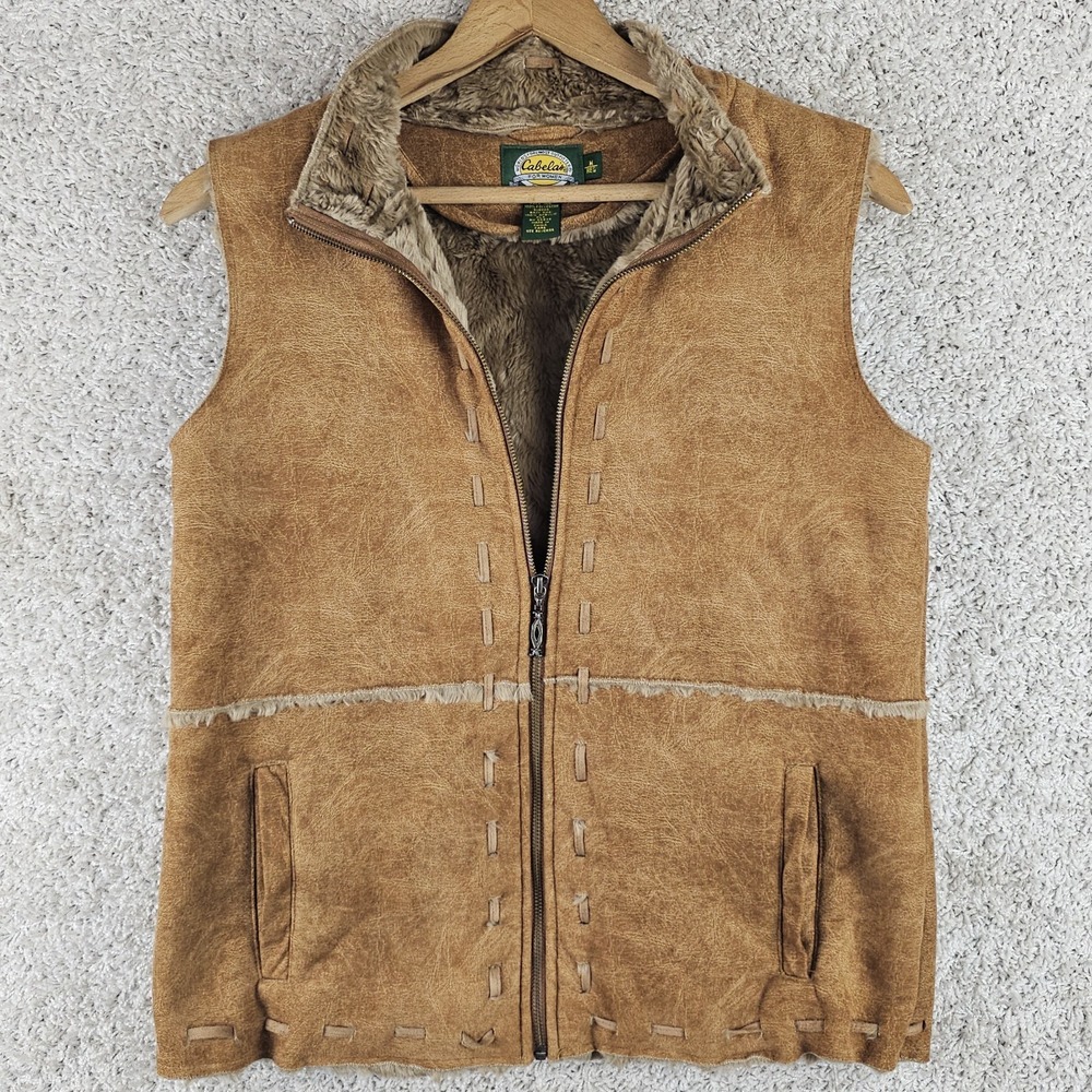 Cabela's Faux Suede Vest Faux Fur Lined Whipstitch Western Womens Medium